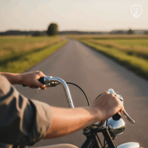 Assurance Solex : Vue rapprochée des mains d'un passionné tenant un guidon de solex ancien, avec un effet de flou en arrière-plan suggérant la liberté et la route ouverte, symbolisant une assurance idéale.